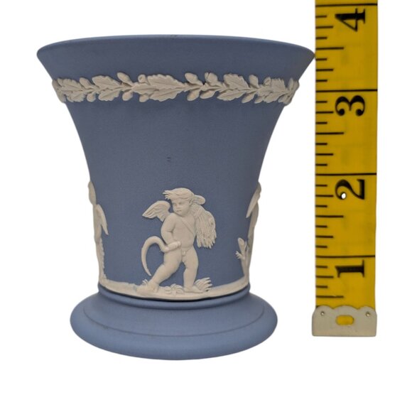 Vtg Wedgewood Jasperware Trumpet Vase Blue Neoclassical Raised Relief 3.5" - Picture 4 of 14